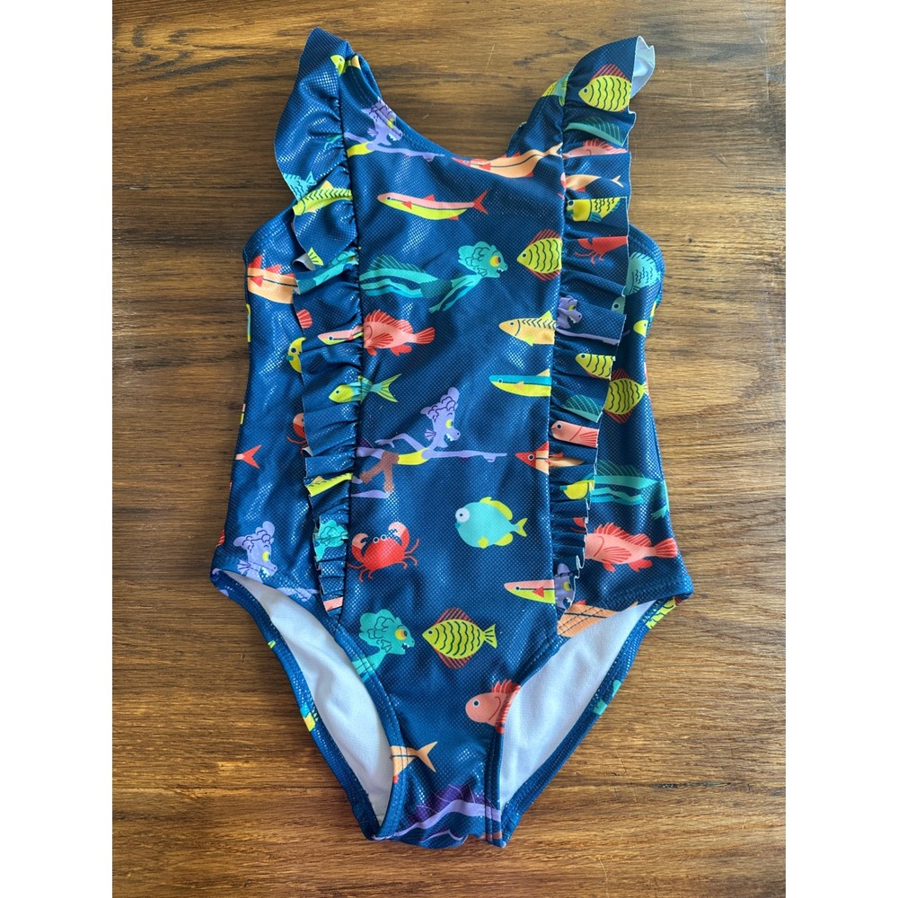 Disney Luca Girls Swimsuit One Piece Ruffle Sea Creatures Navy Blue Size 5/6